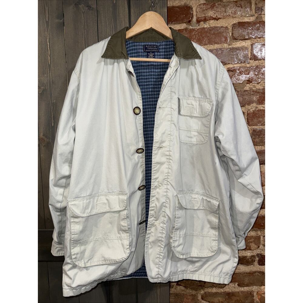 American Outpost Jacket Sz M Khaki Canvas Flannel Lined Workwear Chore Barn Y2K